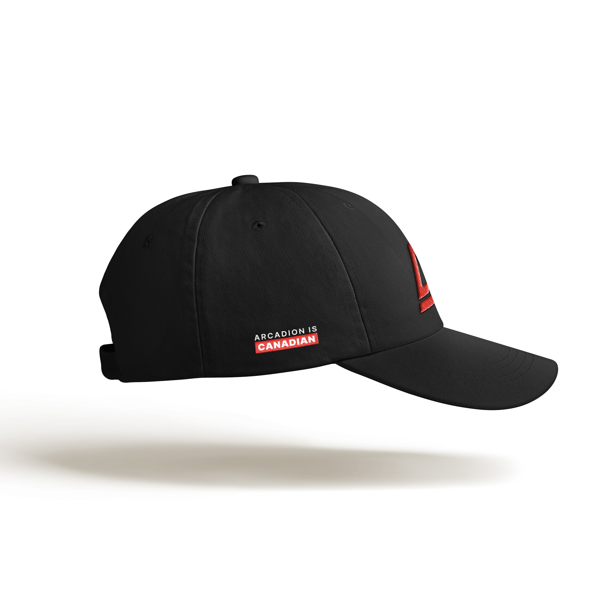Right view of black Arcadion cap with white Arcadion Is lettering above Canadian lettering on a red bar.