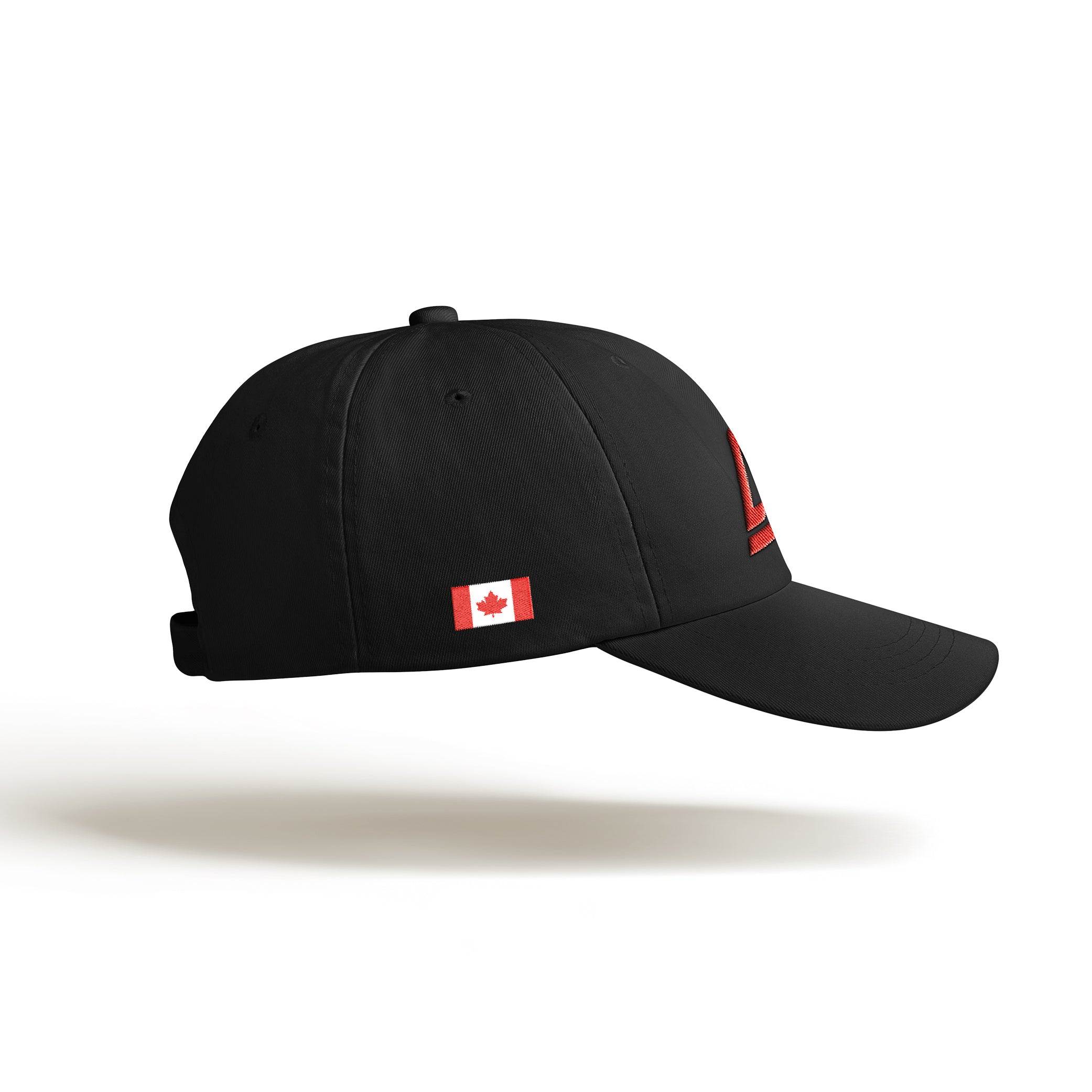 Right view of black Arcadion cap with a red-and-white Canadian flag.