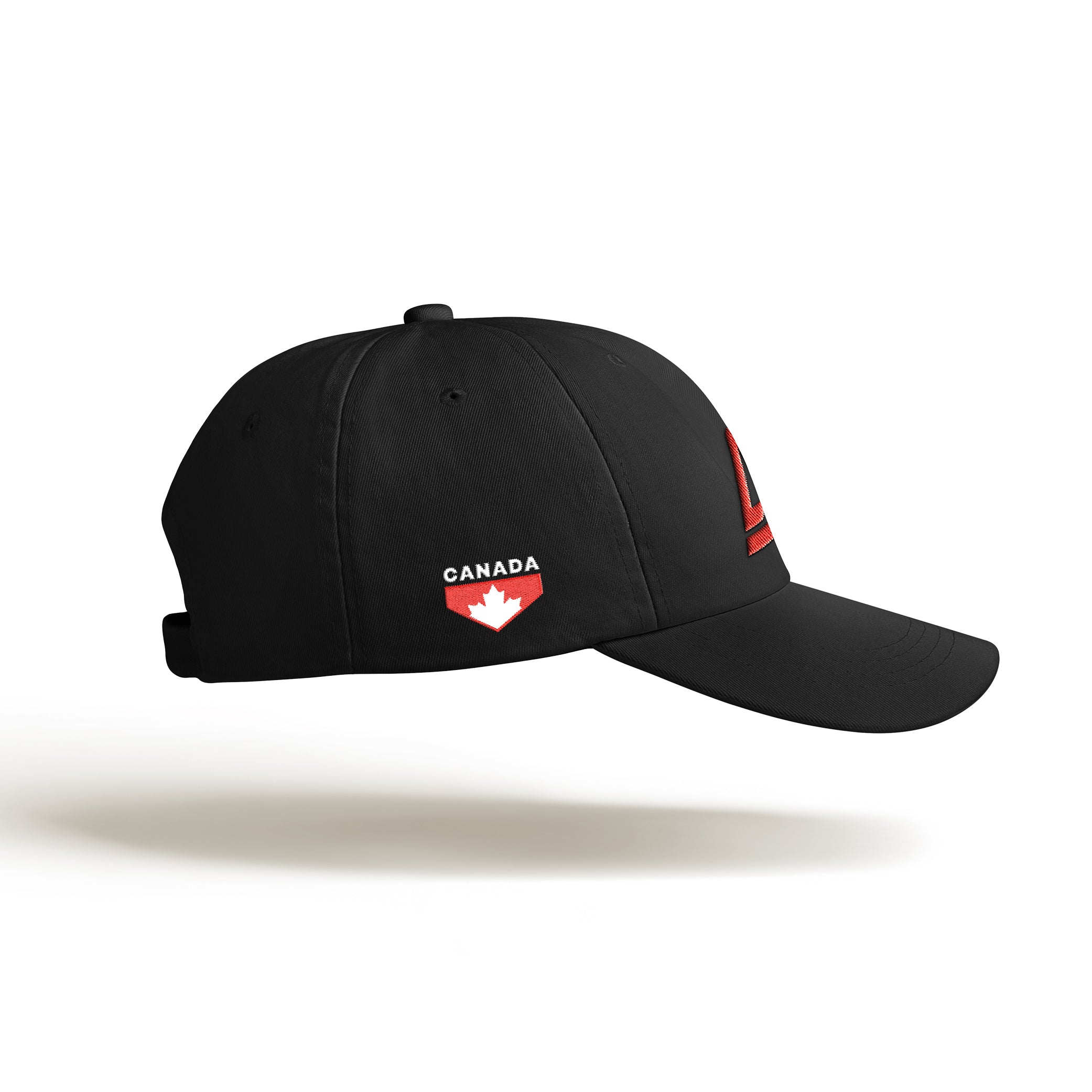 Right view of black Arcadion cap with white Canada lettering above a red chevron and white maple leaf.