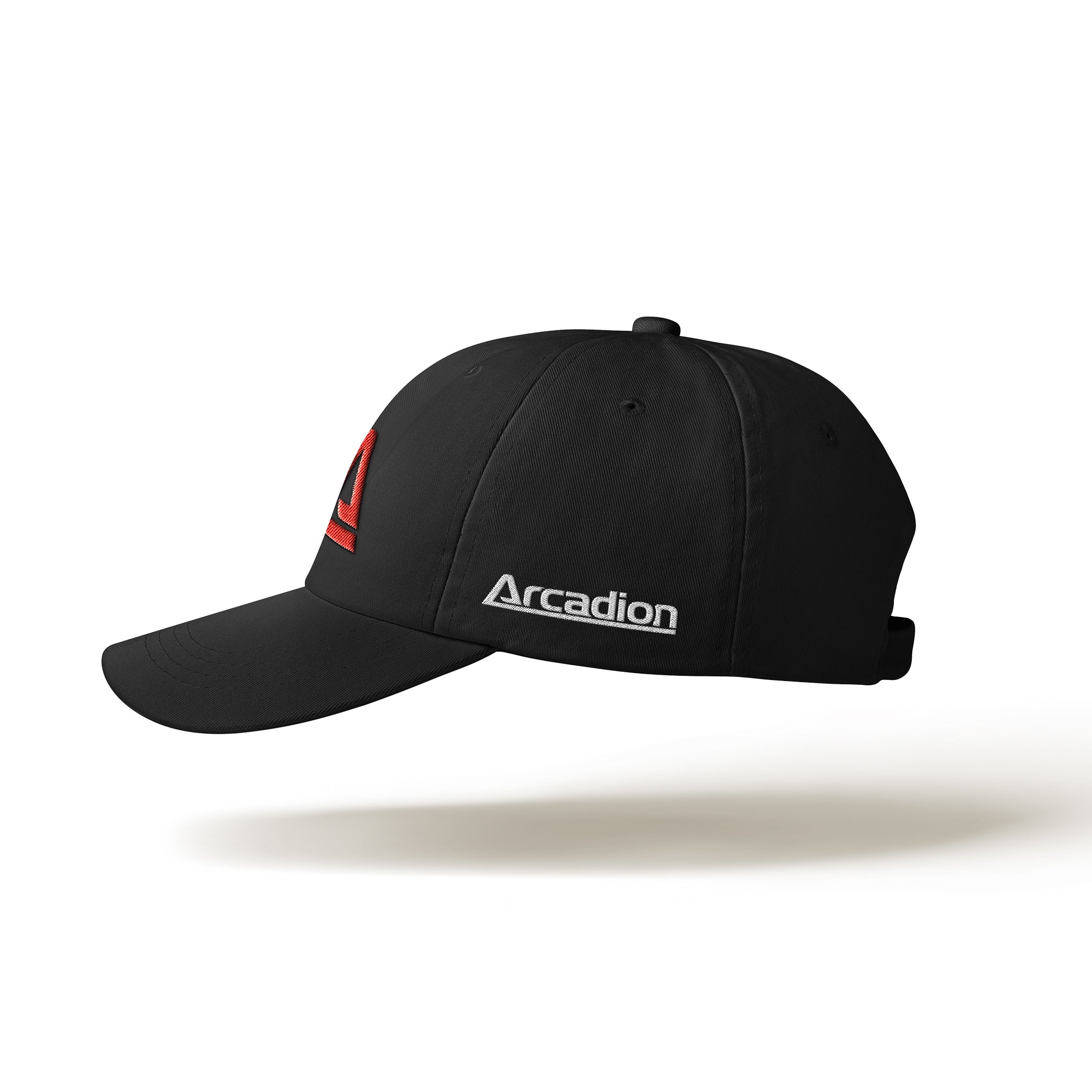 Left view of black Arcadion Maple Crest cap with white Arcadion wordmark.