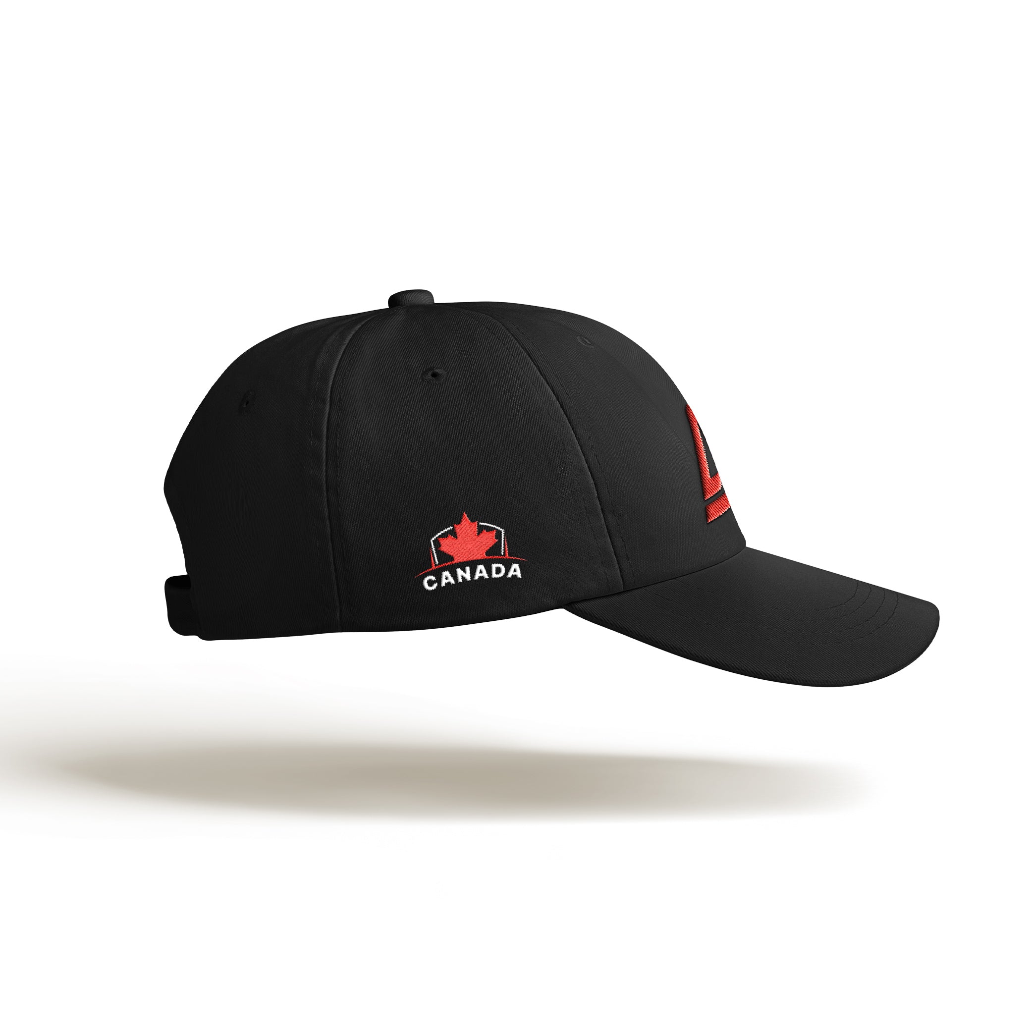 Right view of black Arcadion cap with a red maple leaf above white Canada lettering and an outlined crest.