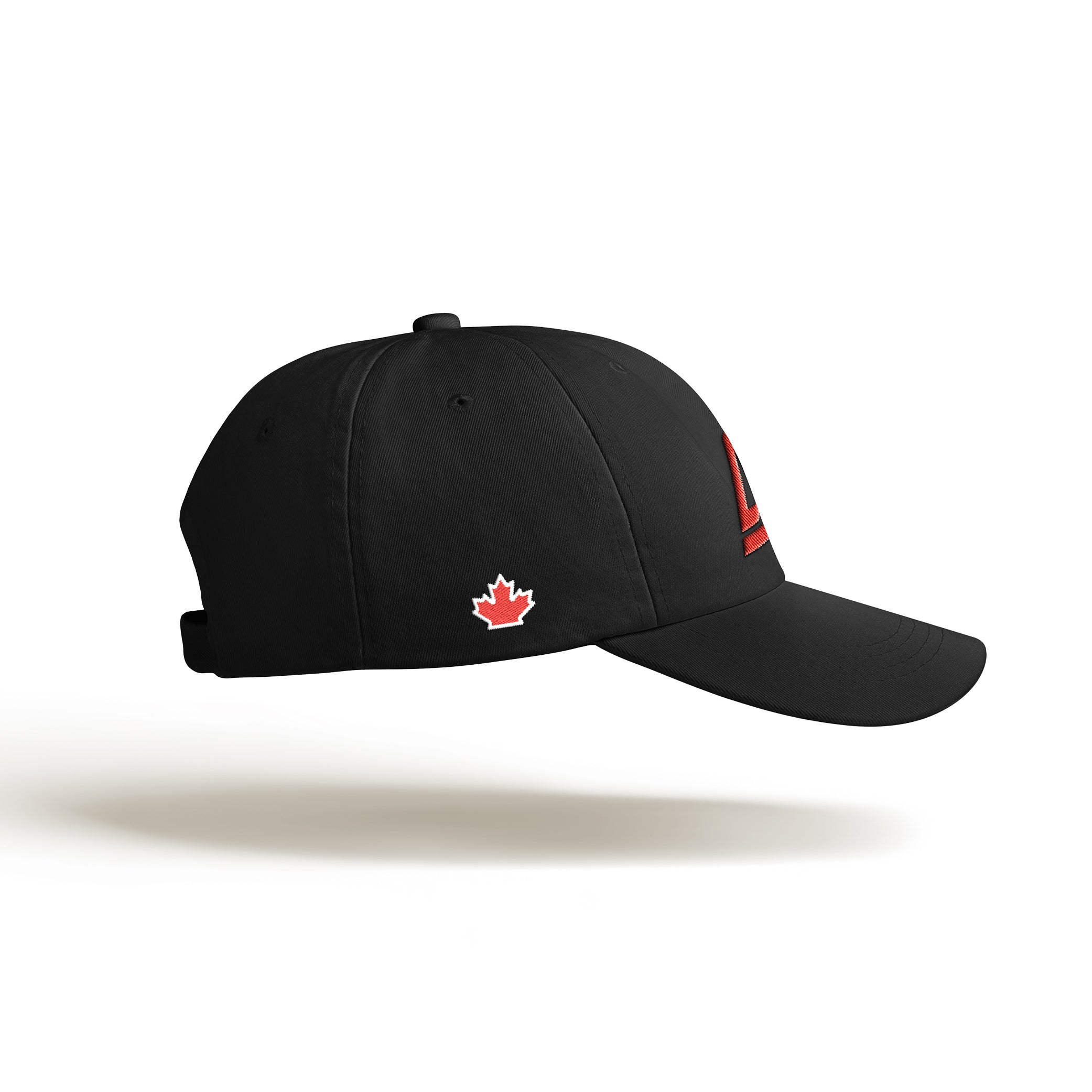 Right view of black Arcadion cap with a red maple leaf with a white outline.