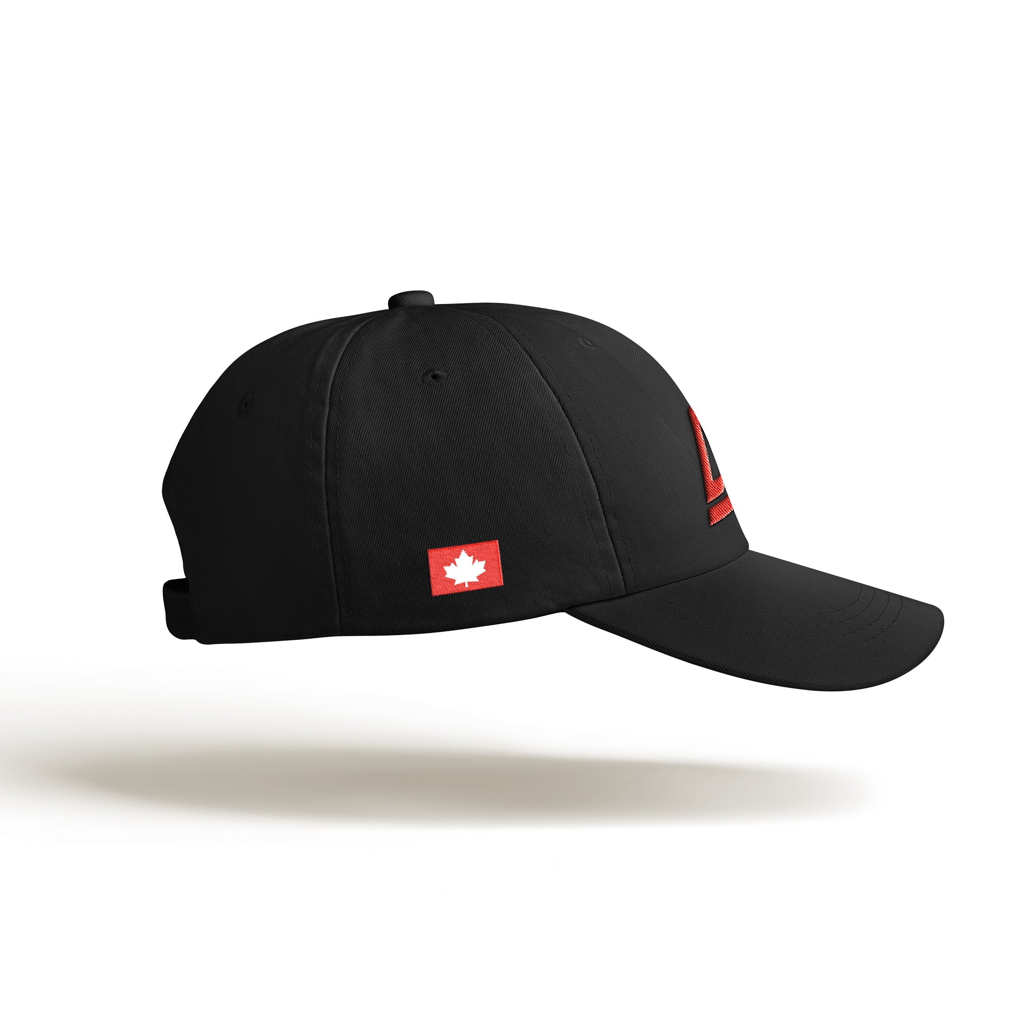 Right view of black Arcadion cap with a white maple leaf centered on a red rectangular bar.
